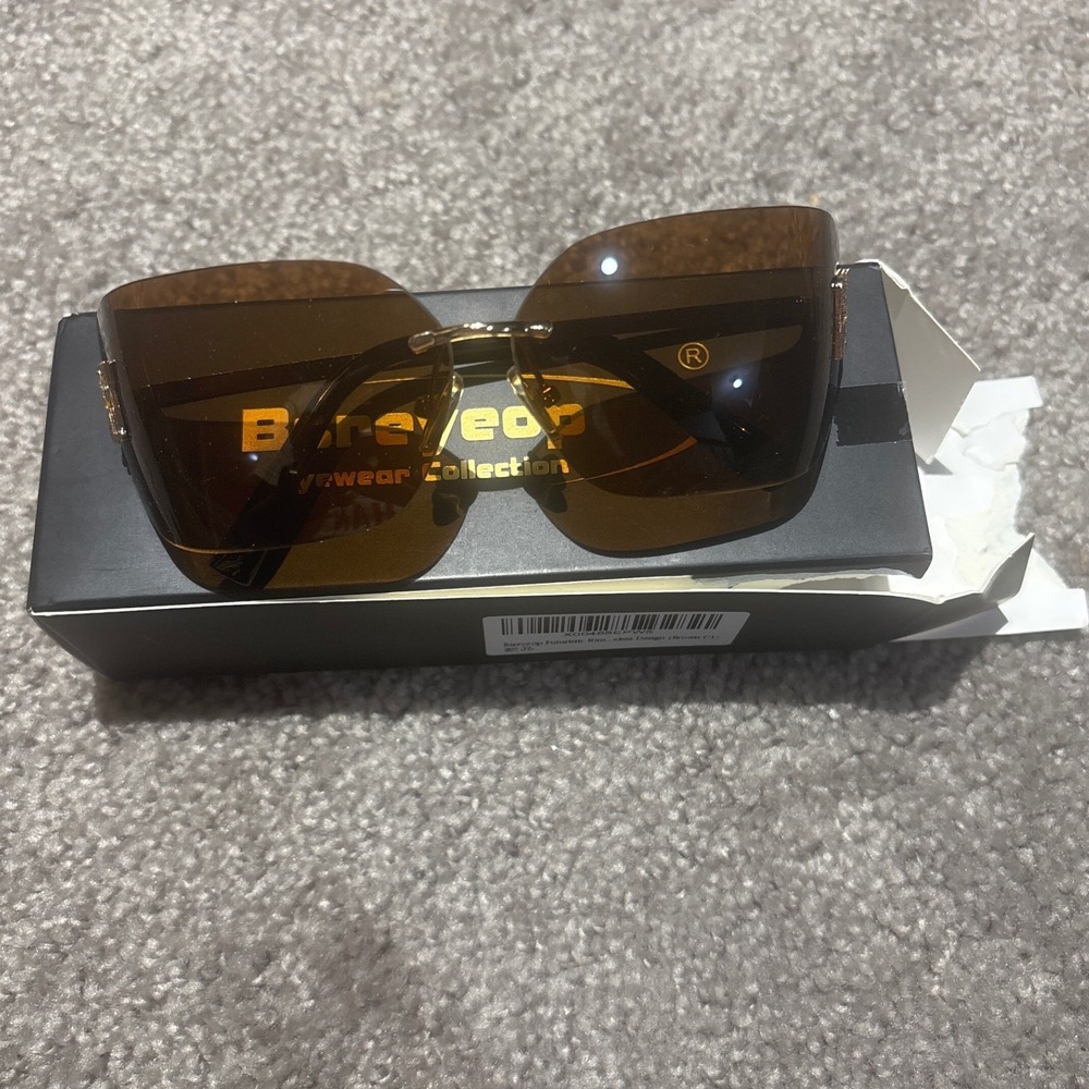 Bareveop Sunglasses Shield Rimless Oversized One Size Brown Gold Women
